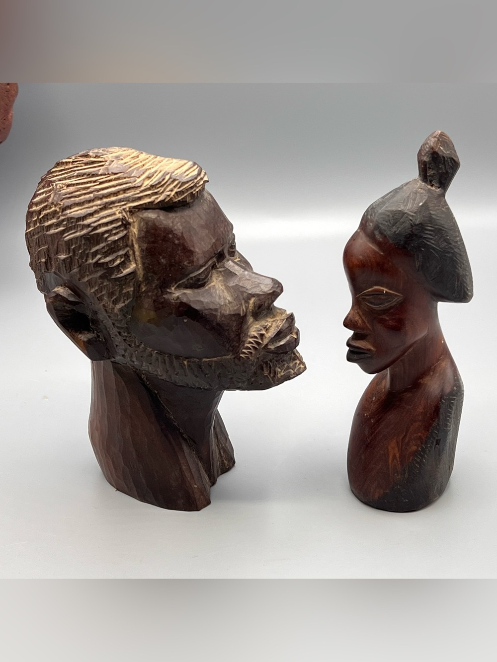 African Tribal Man & woman Bust hand Carved Dark Brown Wood Sculpture Statue